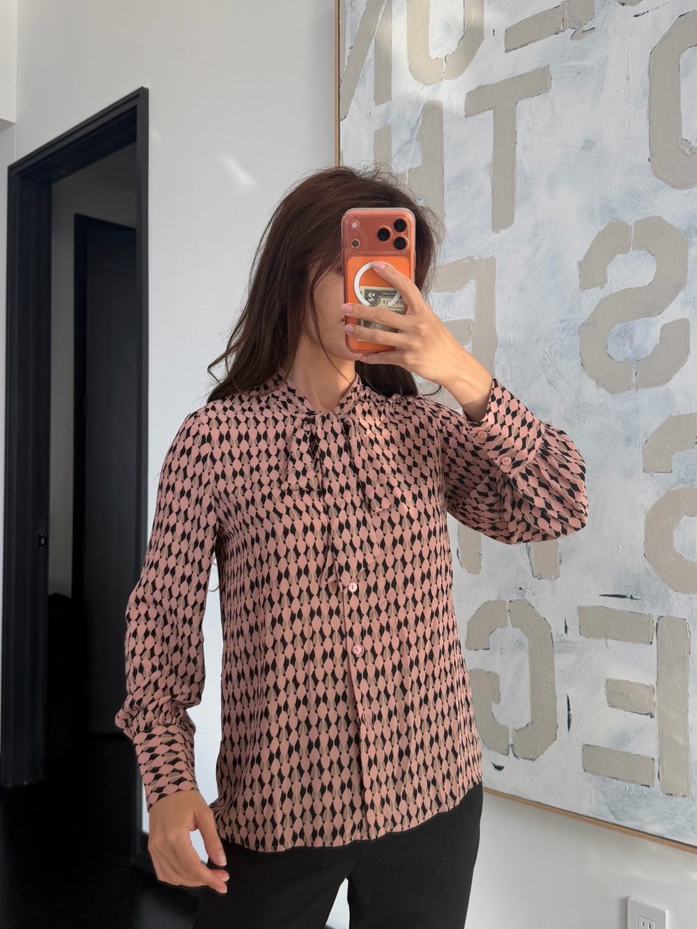 Pink Geometric Tie-Neck Blouse with Long Sleeves